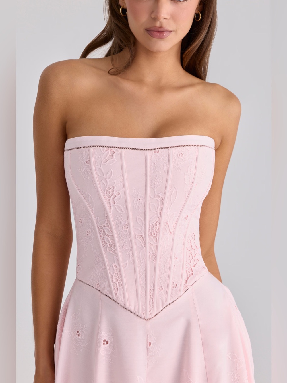House of CB BELISSA Pink Strapless Custom Lace + Broderie Anglaise Midi Dress - Picture 3 of 11
